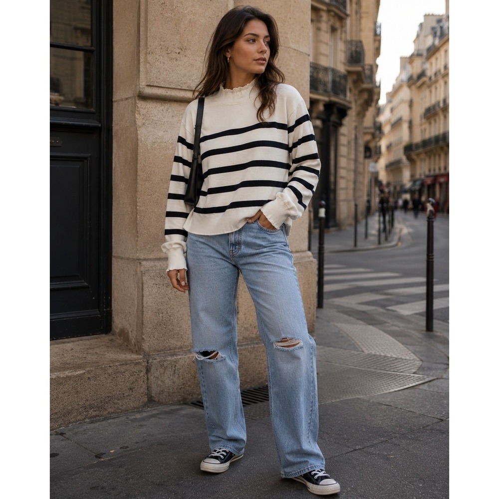 J.Crew Sweatshirt Womens Small White Black Terry Striped Nautical Coastal Preppy